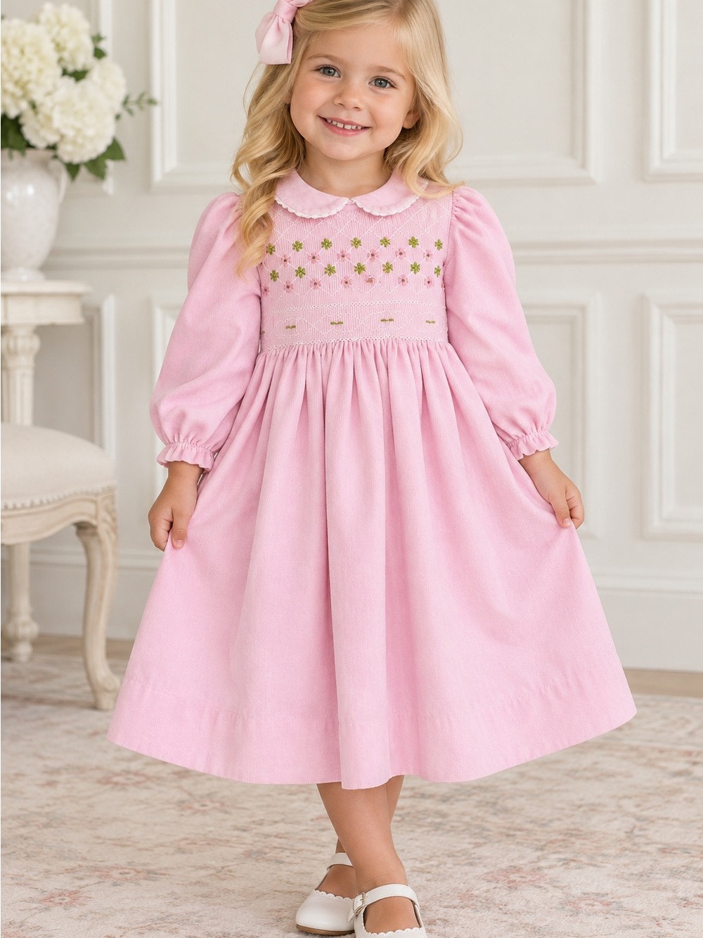 Vive La Fete Classic Velvet Pink Smocked Long Sleeve Smocked Heirloom Dress 4T